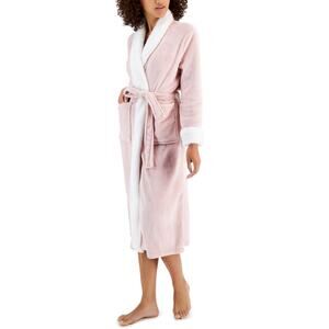 Charter Club Women's Plush Faux-Fur Trim Long Wrap Robe M / L Pink White NWT